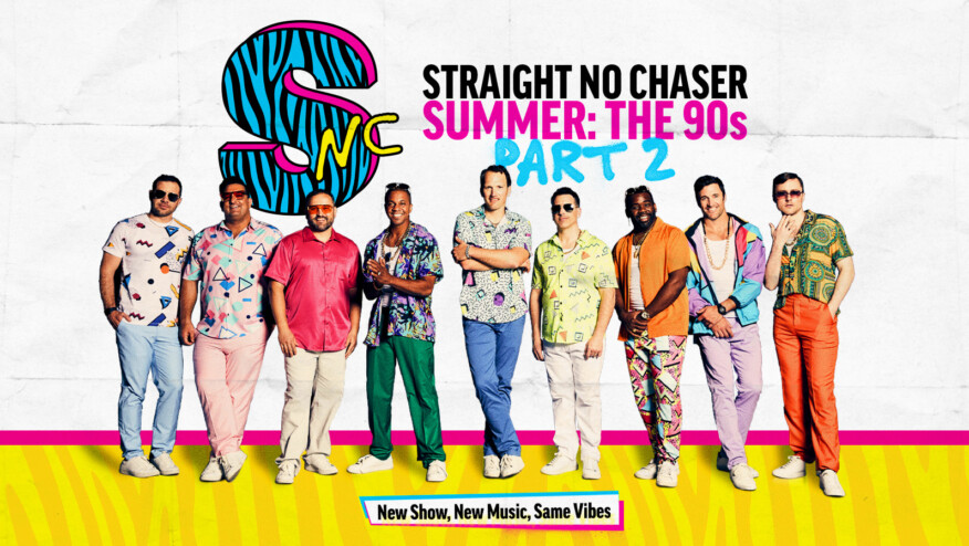 Nine men pose in colorful outfits. Text reads, 