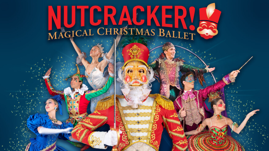 A dancer dressed as a nutcracker with six other dancers surrounding him in colorful costumes. Text reads, 