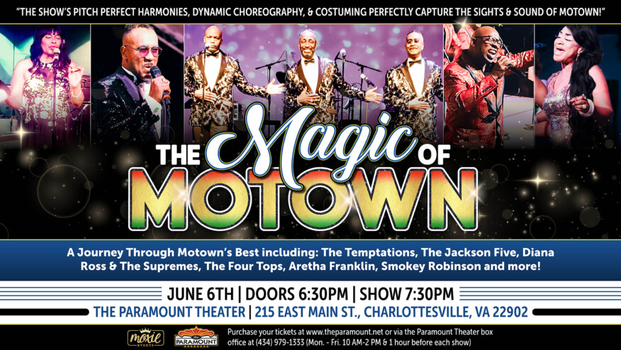Seven singers in flashy costumes sing onstage. Text reads, 