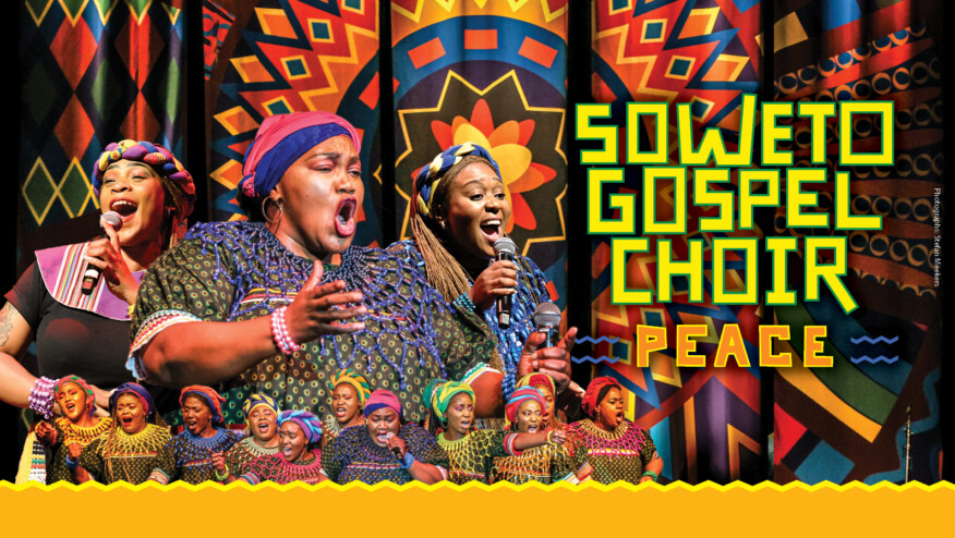 Fourteen women in colorful clothing sing. Text reads,