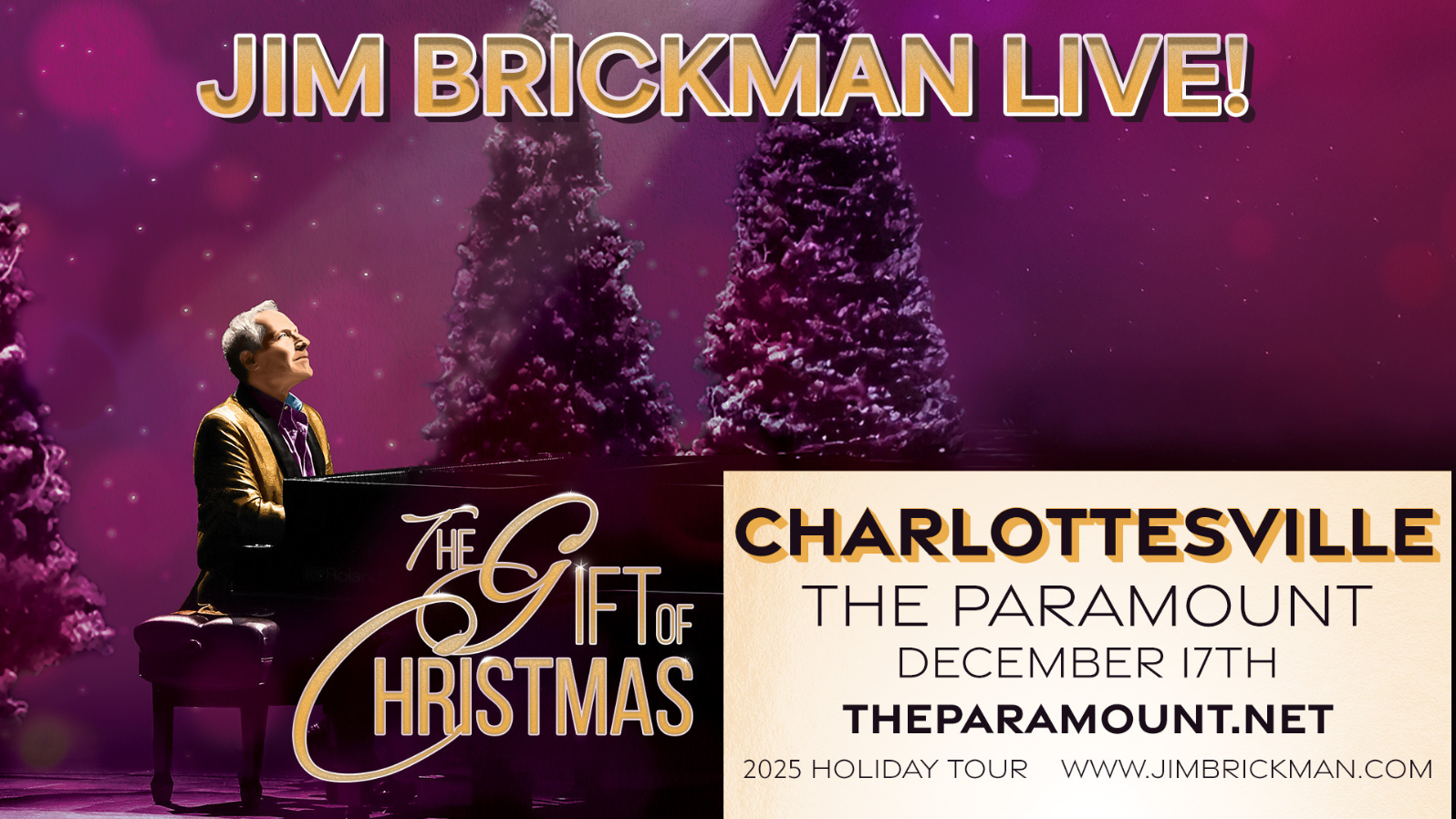 A man sits at a piano surrounded by purple Christmas trees. Text reads, 