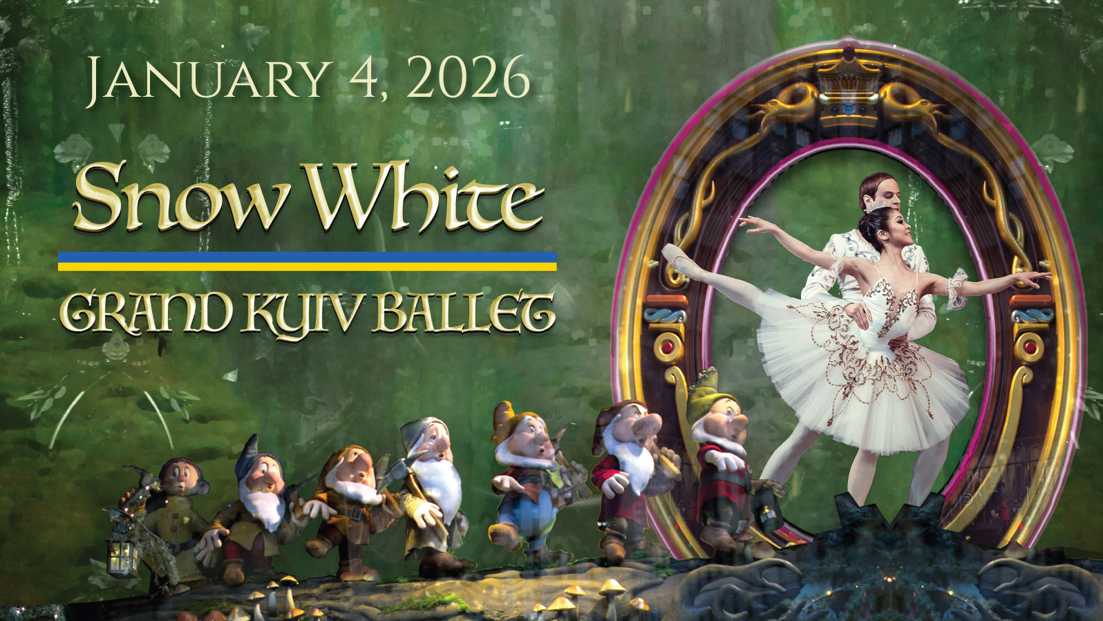 Two ballet dancers pose in a fancy oval frame. Six dwarves are to their right. Text reads,