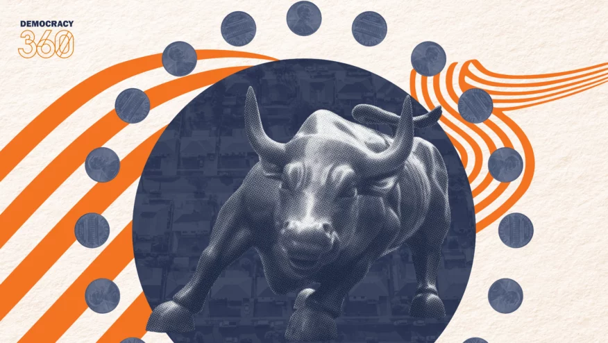 A bull on top of an aerial view of a city, with pennies surrounding it.