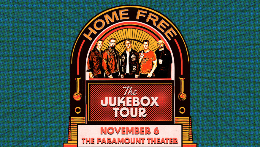 Five men in the middle of a jukebox. Text reads, Home Free / The Jukebox Tour / Spinning the Hits.