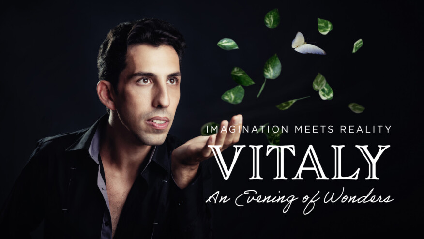 A man blows leaves from his hand. Text reads, 