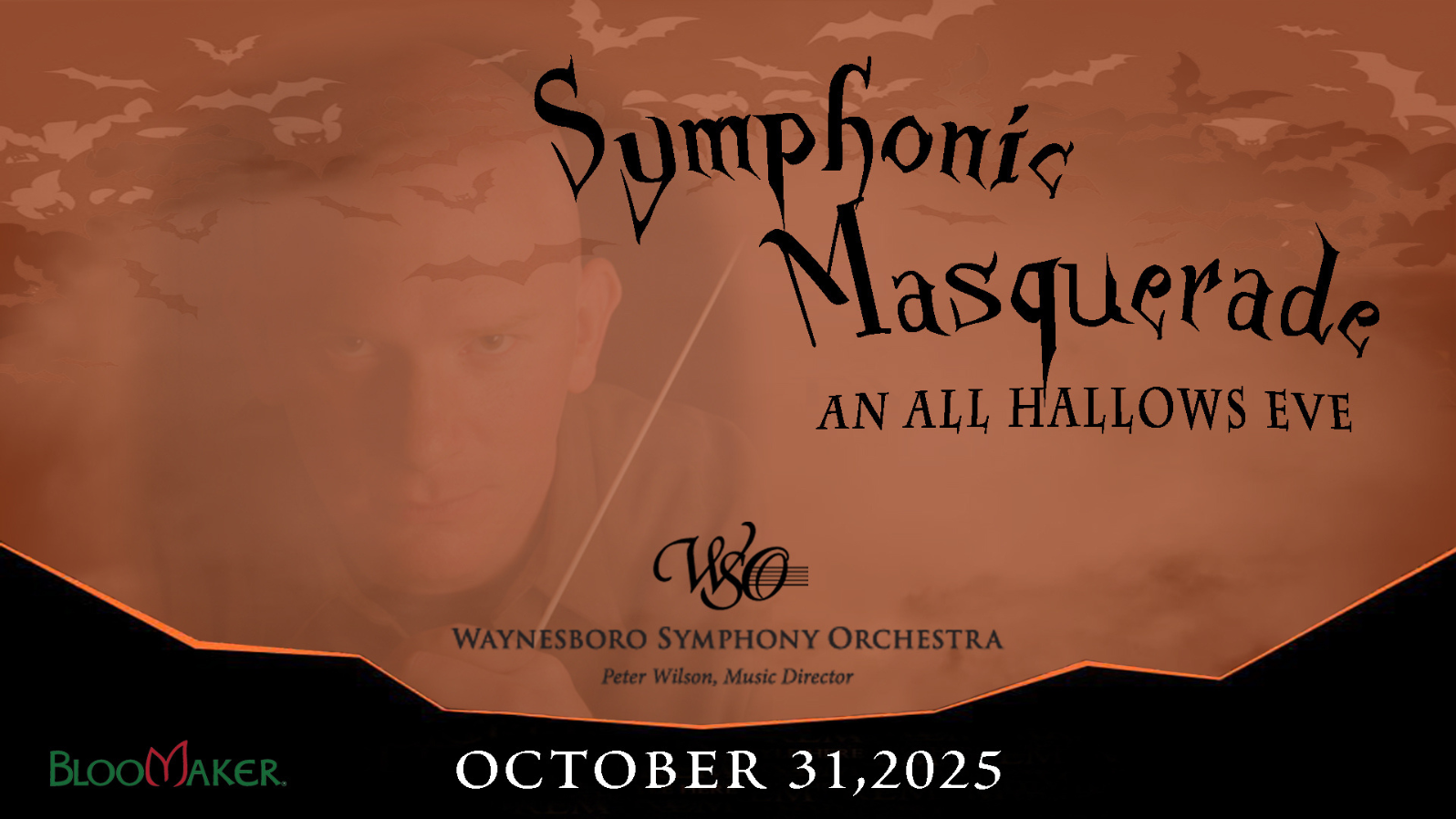 A man with a conducting baton looks at the viewer. Overlayed are bats and text reading 