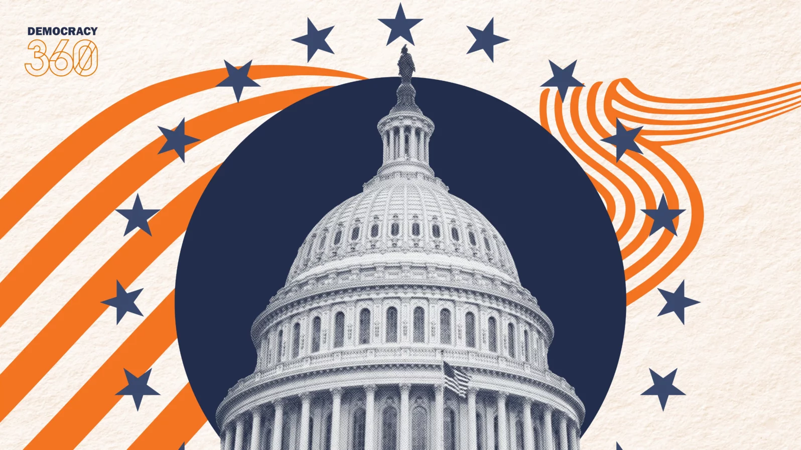 The top of the U.S. capitol building surrounded by stars.