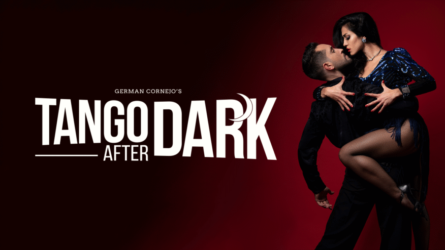 A man dips a woman while they dance. Text reads, 