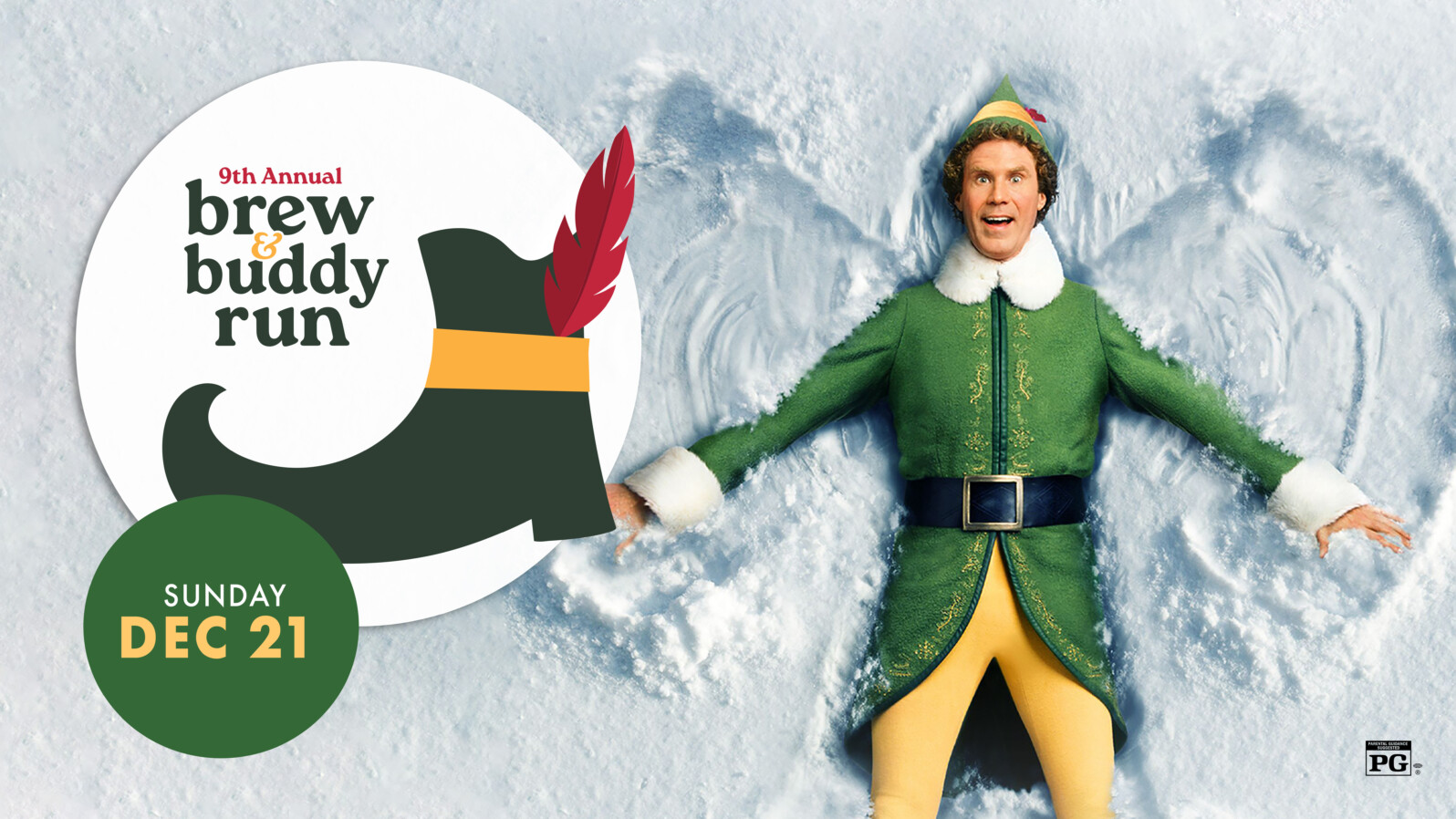 Buddy the Elf makes a snow angel, and there is a cartoon elf boot next to him. Text reads, 
