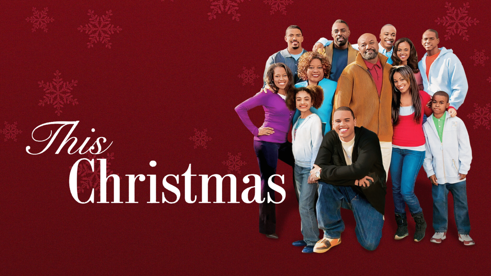 A family smiles at the camera, surrounded by snowflakes. Text reads, 