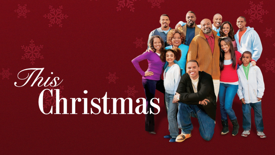 A family smiles at the camera, surrounded by snowflakes. Text reads, 