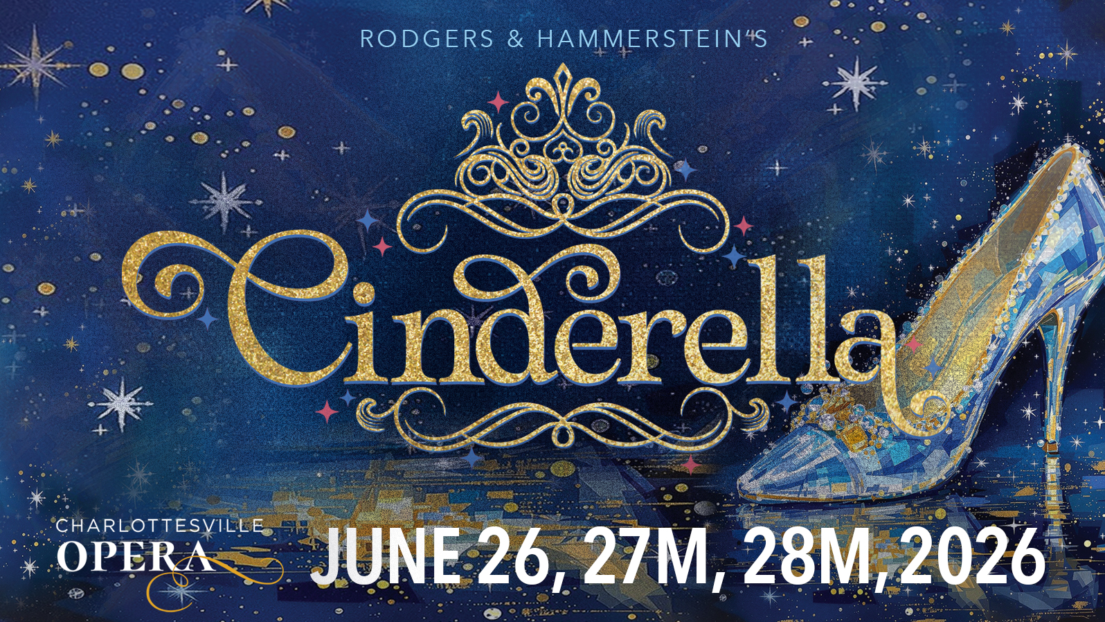 A sparkly glass slipper. Text reads, 