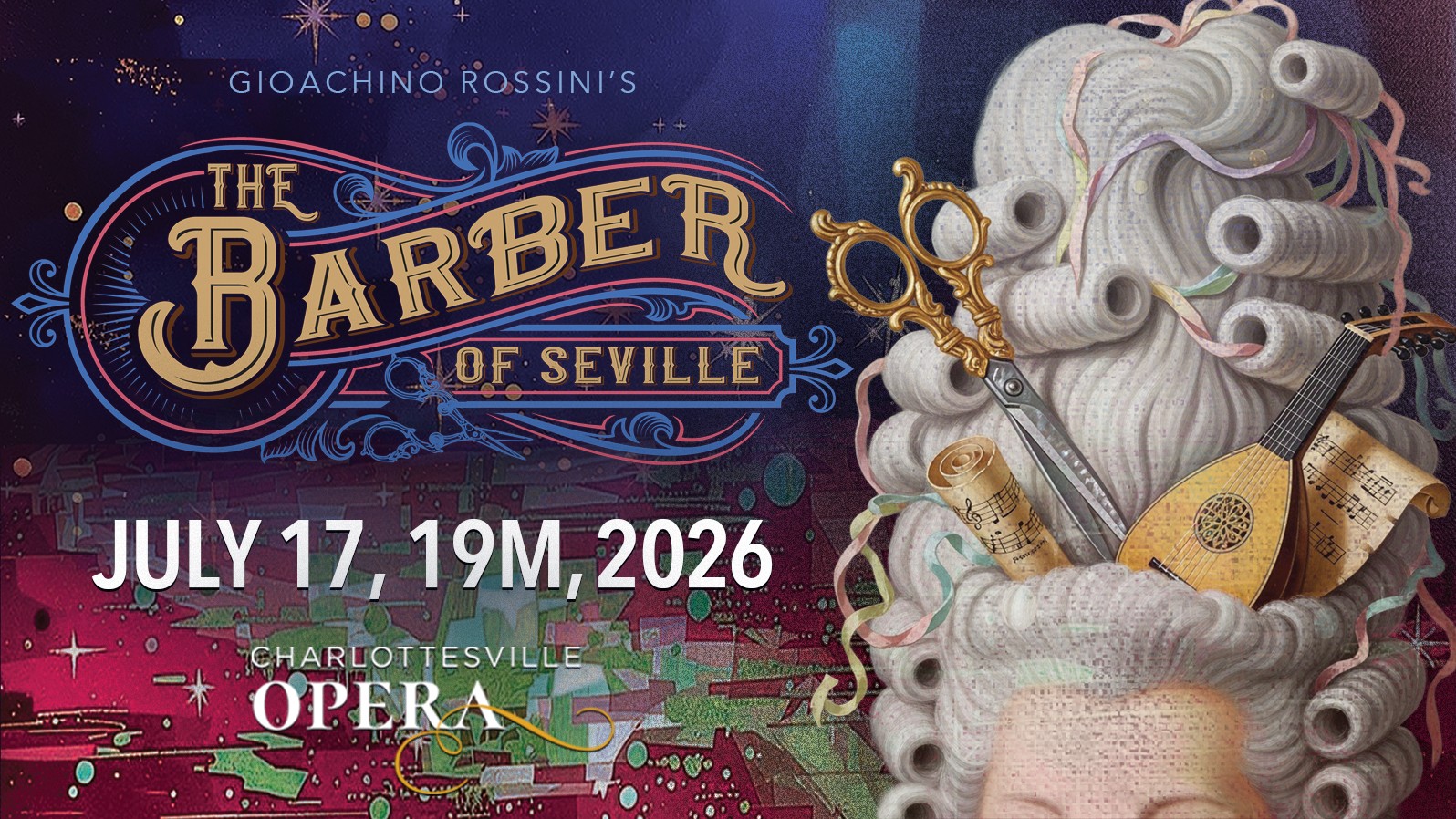 A high, white curled wig with scissors, a stringed instrument, and sheet music. Text reads, 