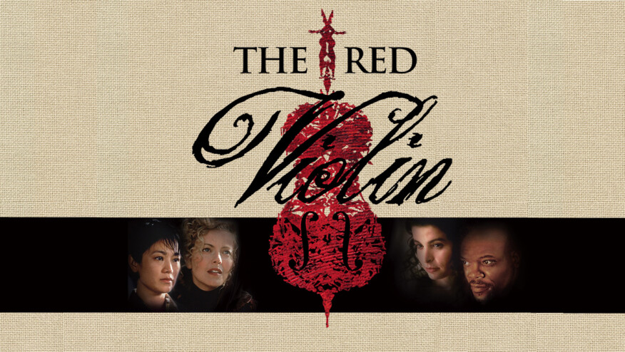 A silhouette of a red violin with pictures of four people's faces. Text reads, 