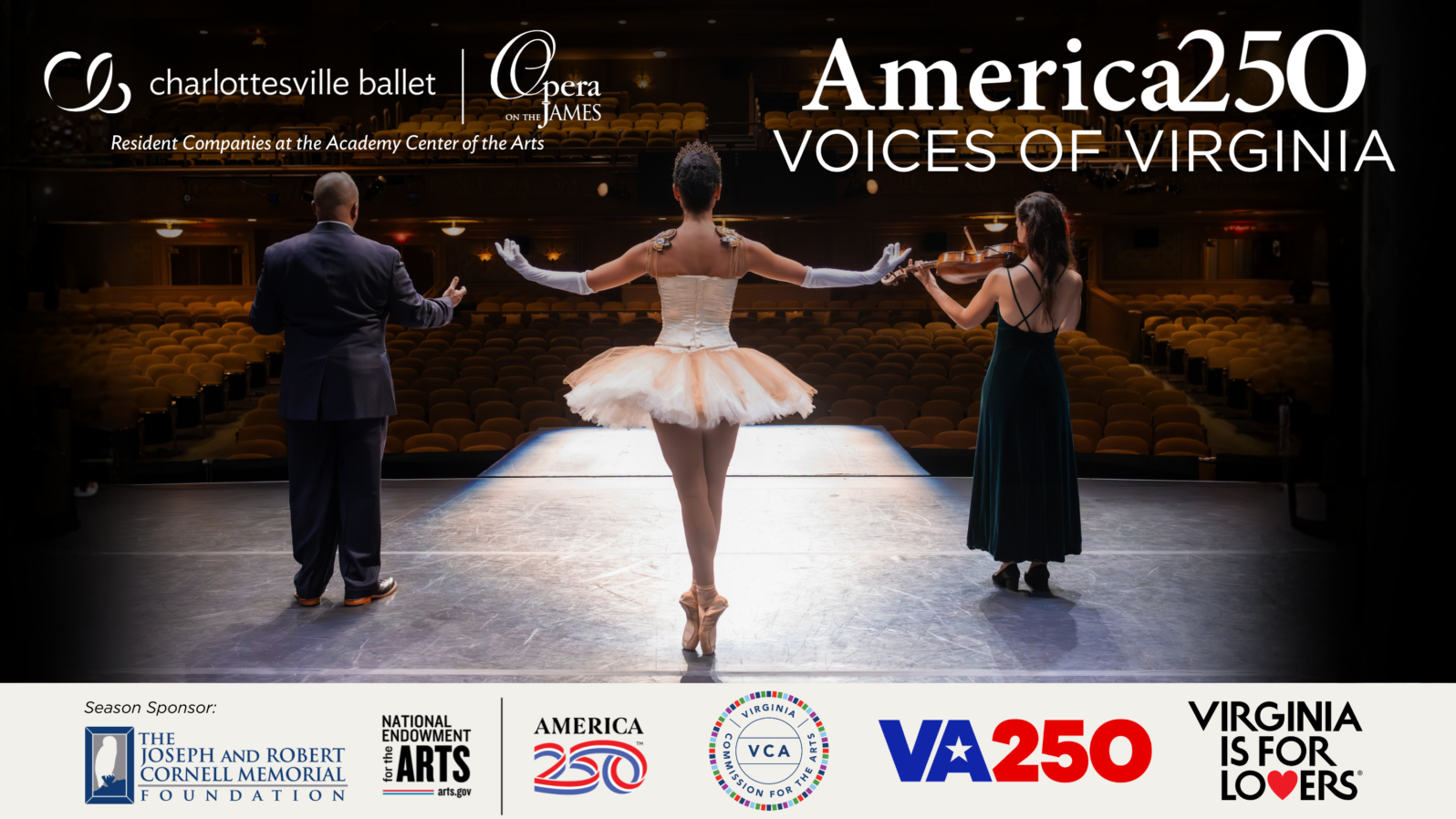 A man, a ballerina, and a violin player stand on a stage and face an empty auditorium. Text reads, 