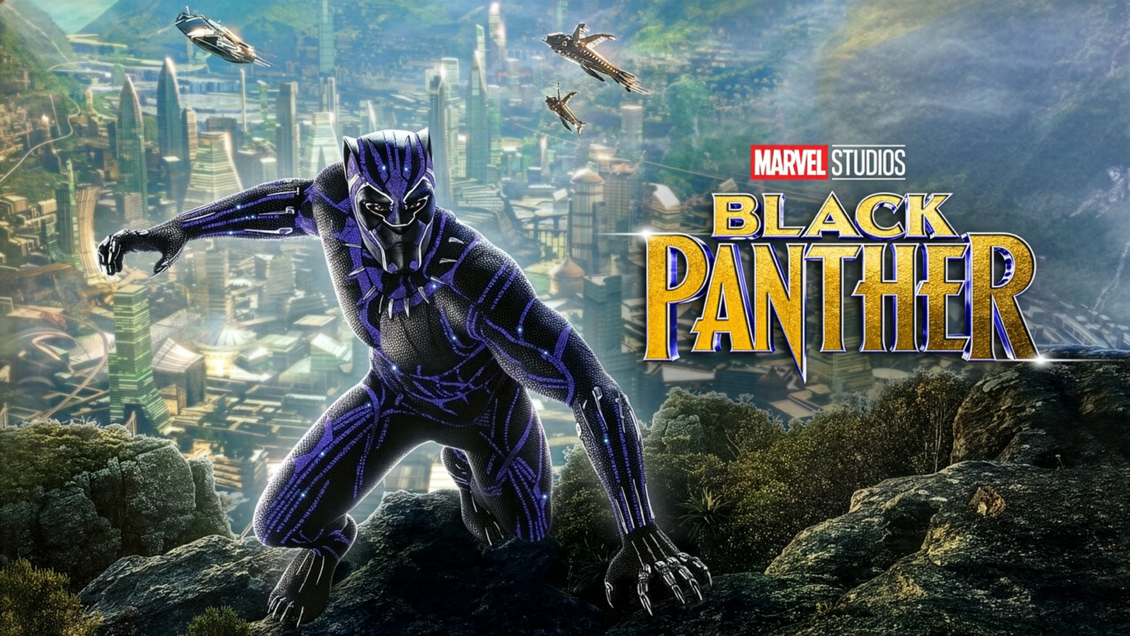 A man in a superhero suit poses on a group of rocks with a futuristic city in the background. Text reads, 