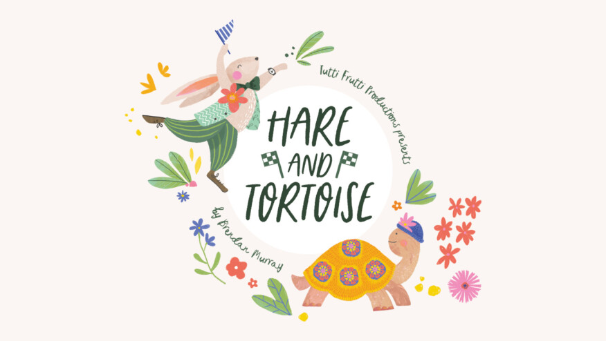 A bunny with a watch on his wrist waves a flag and a tortoise with a hat and decorated shell. Flowers and leaves surround them. Text reads, 