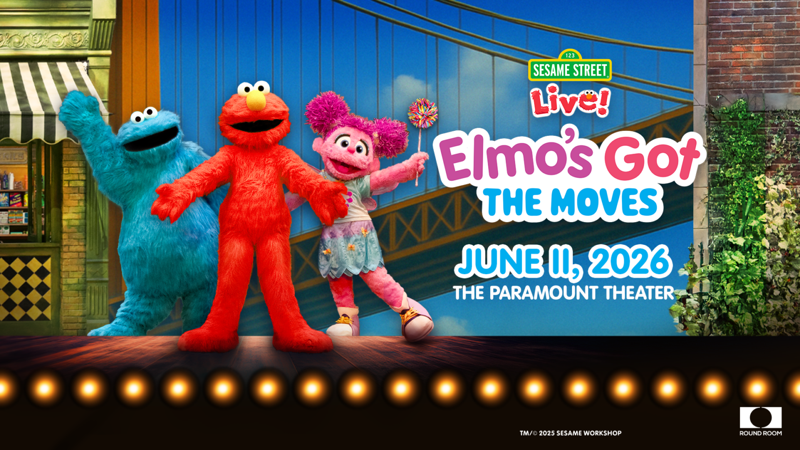 Cookie Monster, Elmo, and Zoey with a wand on a city street. Text reads, 