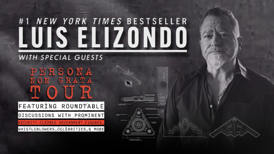 A man looks at the camera with UAP drawings around him. Text reads, 