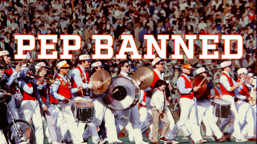 A crowd of people watch a marching band on a football field. Text reads,