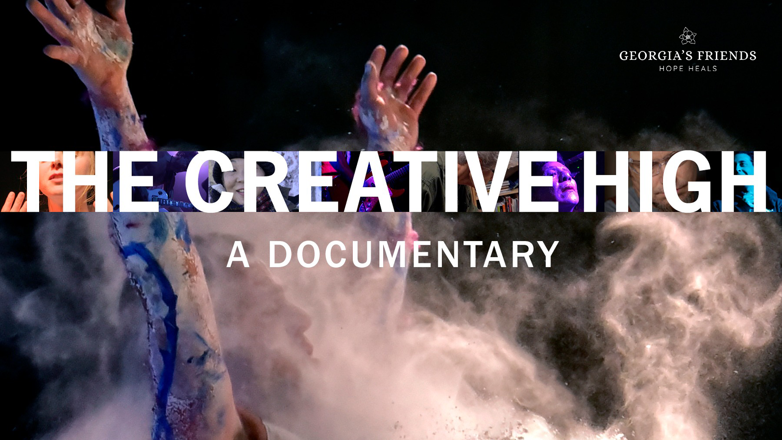 A man with paint on his clothes and body raises his hands in a dust cloud of chalk. Text reads, 