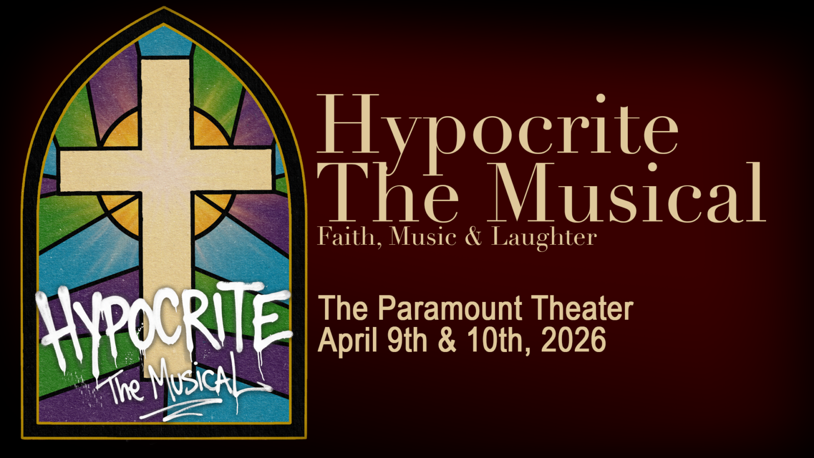 A stained glass window with a cross. Text reads, 