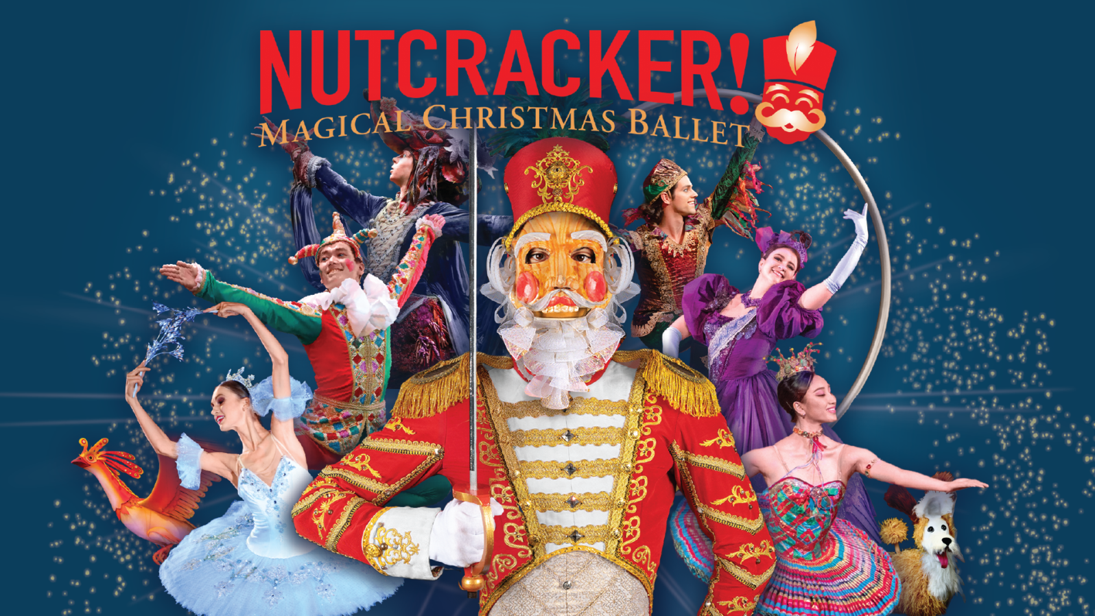 Dancers in colorful costumes surround a Nutcracker. Text reads, 