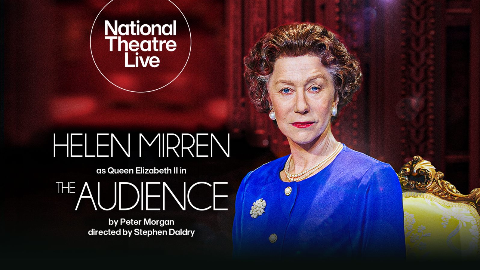 A woman in a dress with a brooch and a pearl necklace looks at the viewer. Text reads, 