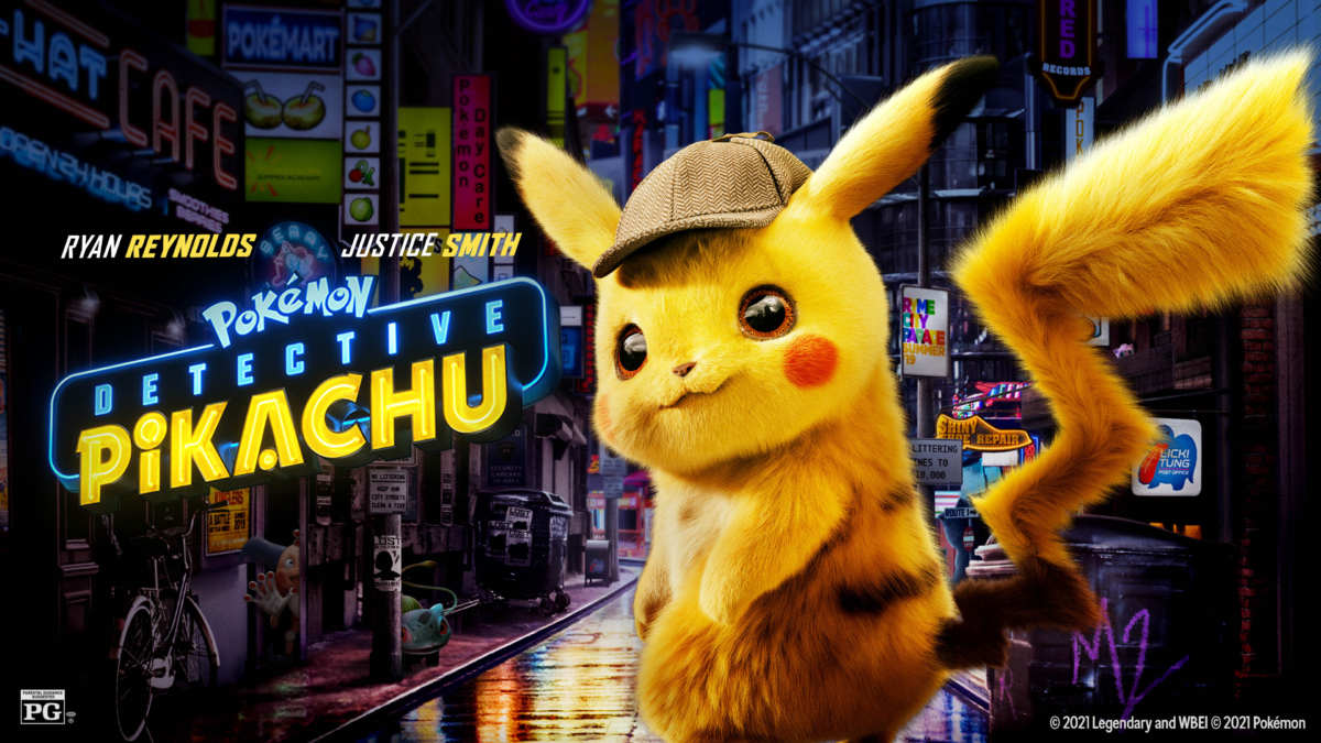 A cuddly yellow character with a lightning bolt-shaped tail and a detective hat in a neon city. Text reads, 