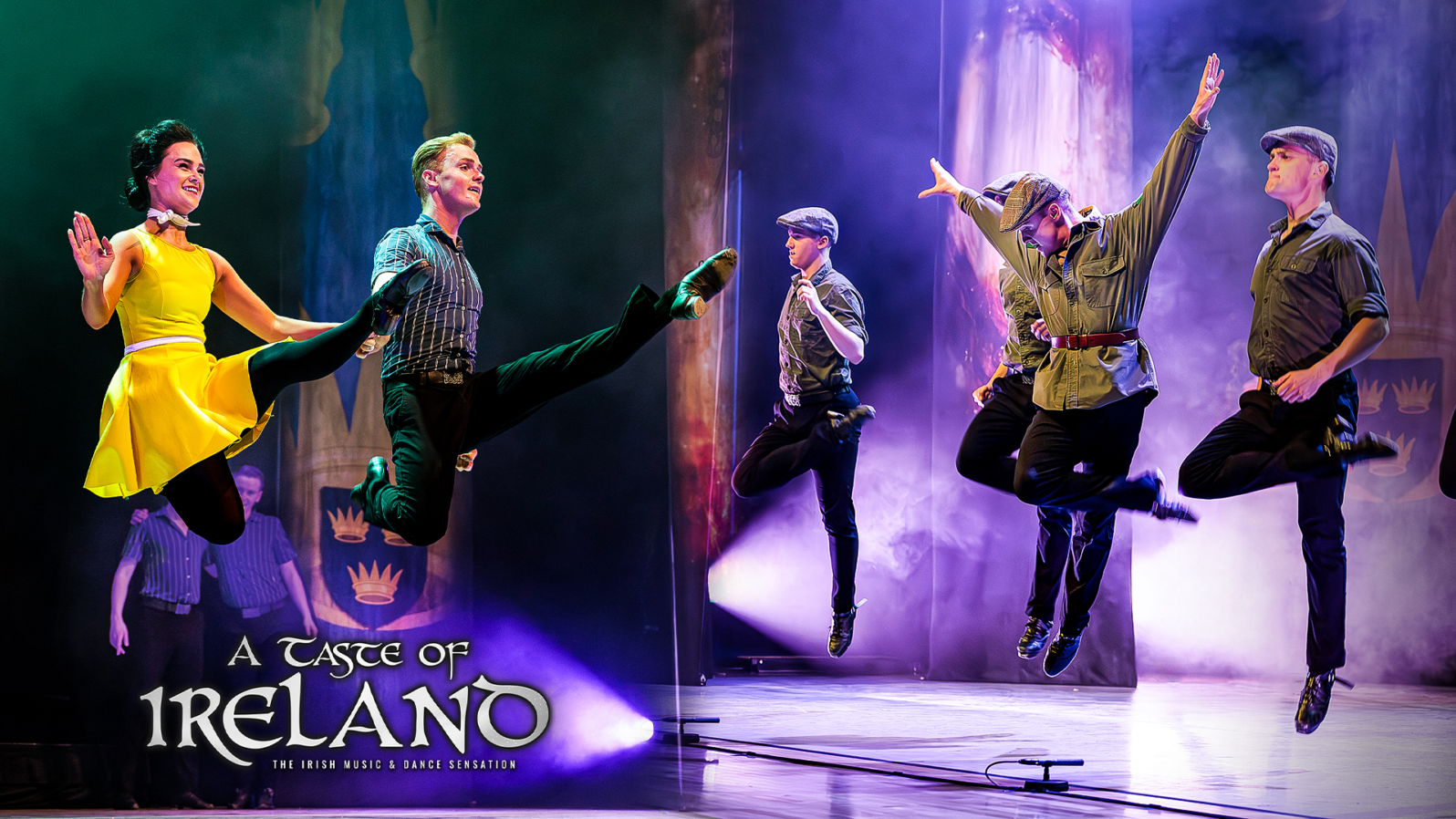 Six dancers leap into the air on stage. Text reads, 