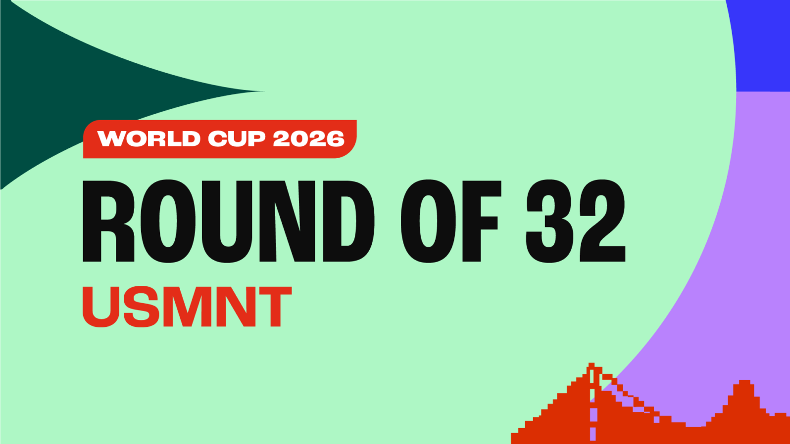 A mix of shapes with a pixelated graphic of the Golden Gate bridge at the bottom. Text reads, 