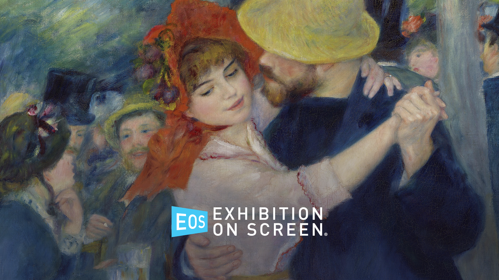 A painting of a man and a woman dancing while others converse in the background. Text reads, 