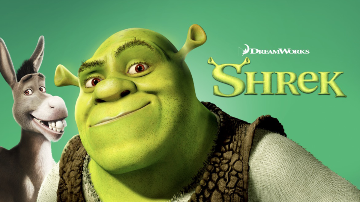 A donkey and a green ogre smile. Text reads, 