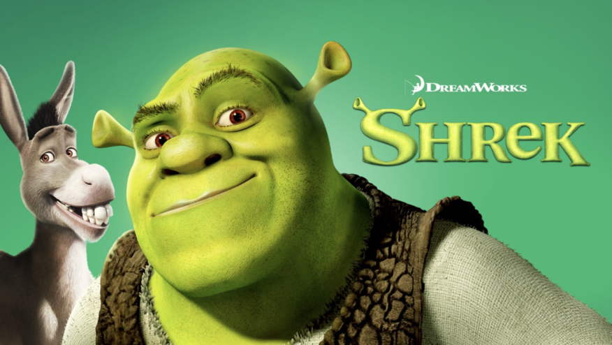 A donkey and a green ogre smile. Text reads,